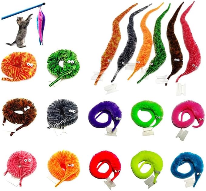 60 Pack Fuzzy Worm Toys String Pets Fuzzy Worms On String Bulk Trick Toy Party Favors for Kid Cat (12 Colors)