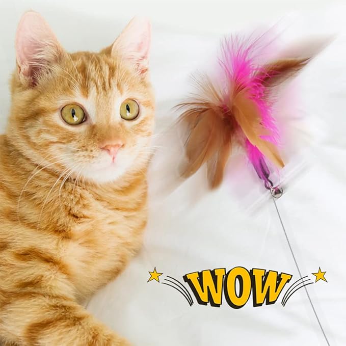 Cat Teasing Wand Silicone Collar Hands Free Toy with Bell and Feathers Interactive Cat Toys (Blue-Pink 2pcs Set)