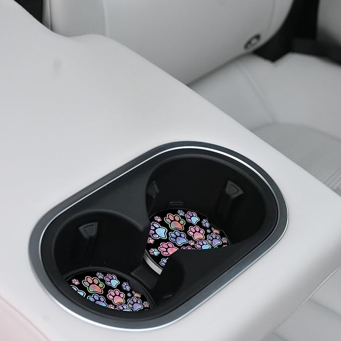 2 Pack Absorbent Car Coasters for Cup Holders,Gradient Black Dog paw Print Ceramic Coasters with Cork Back and Finger Slot,2.56" Auto Accessories for Women & Men.