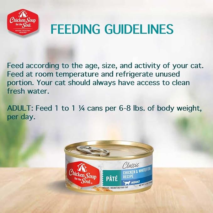 Chicken Soup for The Soul Classic Wet Adult Cat Food, Chicken & Whitefish Pate, 5.5 Ounce Can (Pack of 24) | Soy Free, Corn Free, Wheat Free, Canned Cat Food Made with Real Ingredients