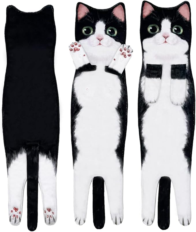 Hand Towels for Bathroom Kitchen,Cute Cat Quick-Dry Hanging Hand Towels Decorative for Bathroom Face Towels,Funny Gifts for Cat Lovers (Black-White)
