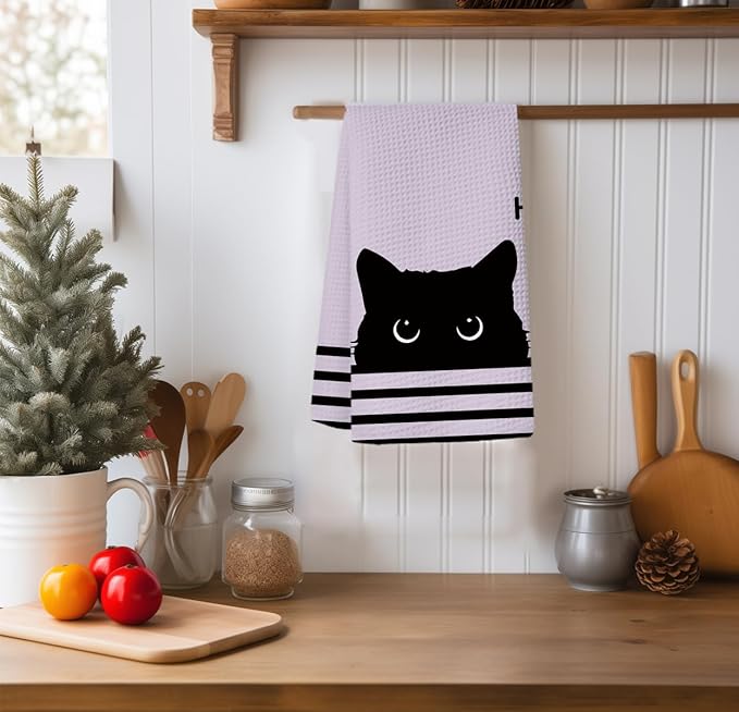 Black Cat Waffle Kitchen Towels, Gifts for Cat Lovers Moms Dish Tea Towels for Kitchen,Decorative Hand Towels for Bathroom Guest Room Decor, 16x24 Inch (Puple)