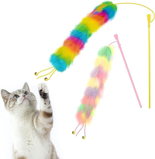 2 Pack Cat Wand Toy, Rainbow Cat Feather Toys with Bells, Cat Teaser Wand with Soft Furry Tail, Interactive Cat Toys for Indoor Cats & Kitten & Kitty