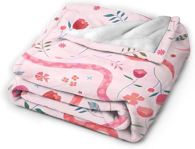 Cute Snake Reptile Blanket Ultra Soft Cozy Pink Flower Snake Throw Blanket Fleece Fuzzy Plush Bedding Blanket Real Snake Lovers Gifts for Women Girls Kids Adults Couch Sofa 80"x60"