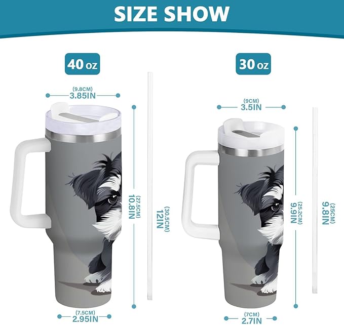 Boccsty Grey Schnauzer Dog Insulated Tumblers Reusable Stainless Steel Tumbler 30 oz Cup Coffee Travel Mug Water Bottle with Handle & Flip Straw for Home Office Car