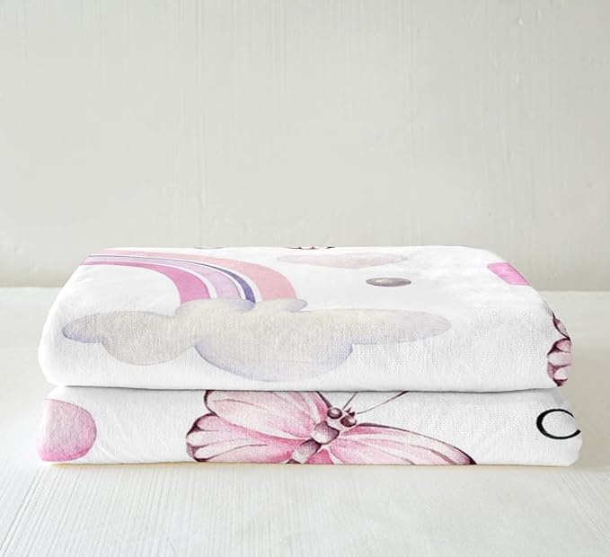Pastel Throw Blanket for Couch Bed Kids Girls Rainbow Fleece Blanket Pink Butterfly Cloud Sherpa Blanket Throw Size Cute Butterflies Blanket Lovely Heart Print Plush Blanket White Room Decor,Cozy
