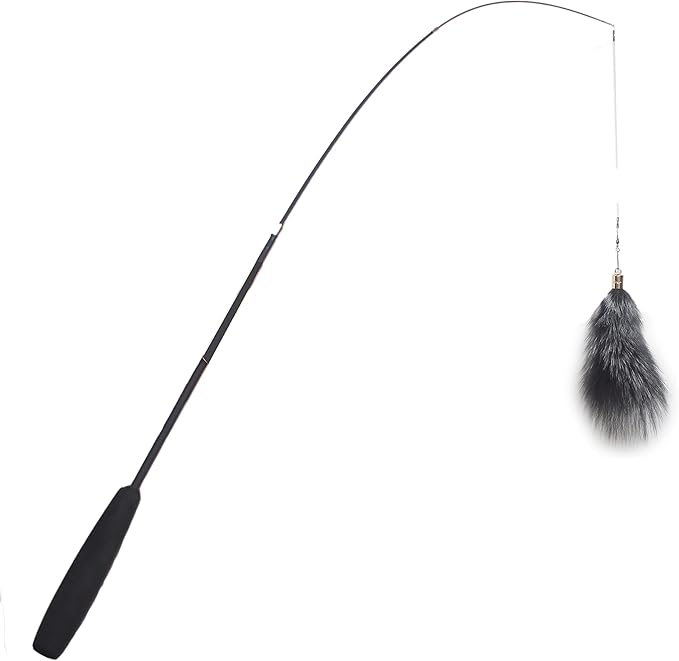 Fosrion Real Raccoon Tail Fur Cat Bites Toy with Three Section Retractable Carbon Fiber Rod (Fox Fur Piece, Tail & Fishing Rod)
