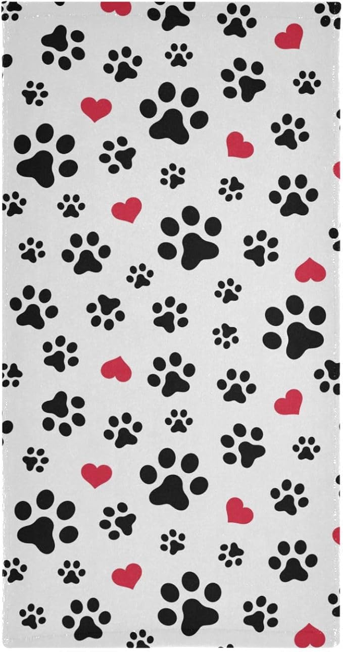 2 Pack Black White Hand Towels for Bathroom,Soft Absorbent Funny Animal Dog Cat Pet Paw Footprint Red Love Heart Kitchen Towels,Decorative Guest Bathroom Towels for Face,Shower,Gym 14"x28"