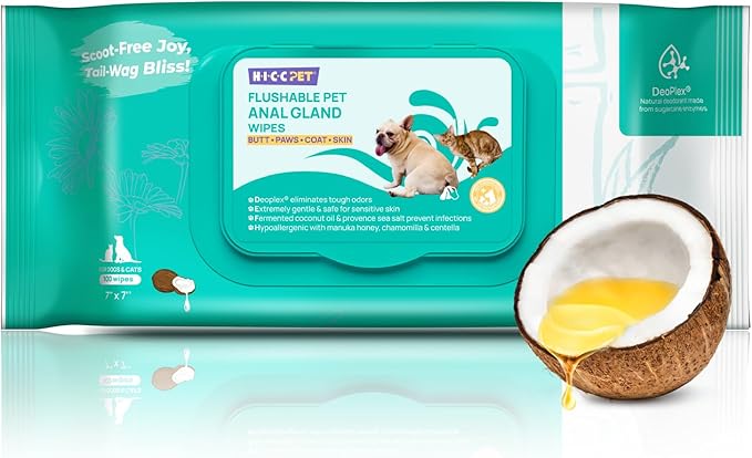 HICC PET Wipes for Dogs & Cats, Cleansing Deodorizing & Soothing Allergy Infections Anal Gland Pets Wipes with Coconut Oil - Dog Grooming Wipes for Butt and Paw - Hypoallergenic & Vet Recommended