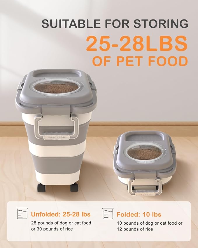 25-28 Lbs Dog Food Storage Container with Handle, Collapsible Dog Food Container with Airtight Lids, Wheels, Large Pet food storage Container for Dog Cat, Dog Food Scoop, Dog Food Bowl