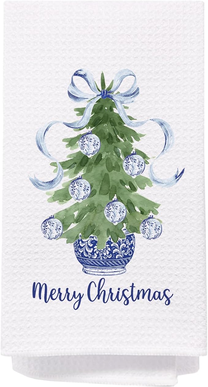 SPBL&L Navy Blue Chinoiserie Christmas Kitchen Towels, Chinoiserie Decor, Navy Blue Bow Christmas Hand Towels for Bathroom, Christmas Dish Towels, Christmas Kitchen Bathroom Decor, 16x24 Inch
