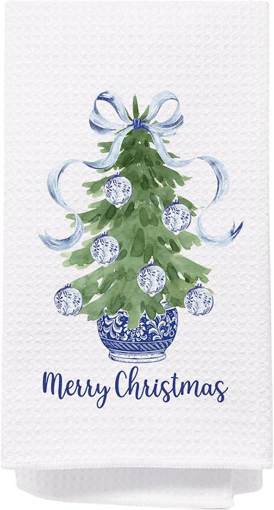 SPBL&L Navy Blue Chinoiserie Christmas Kitchen Towels, Chinoiserie Decor, Navy Blue Bow Christmas Hand Towels for Bathroom, Christmas Dish Towels, Christmas Kitchen Bathroom Decor, 16x24 Inch