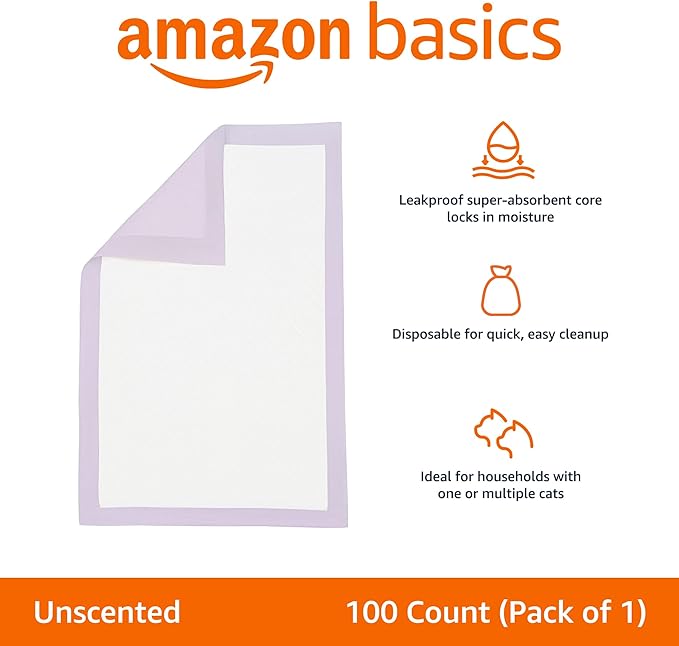 Amazon Basics Absorbent, Disposable, Odor Control Cat Pad Refills For Litter Box, Unscented, Pack of 100, Purple