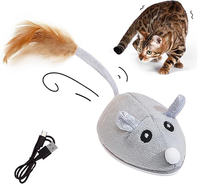 Interactive Cat Toy Mouse, Moving Mouse Automatic Cat Toys Electronic Mice, Rechargeable Squeaky Cat Mouse Toys for Kitten Indoor/Outdoor Exercise（Short Velvet）
