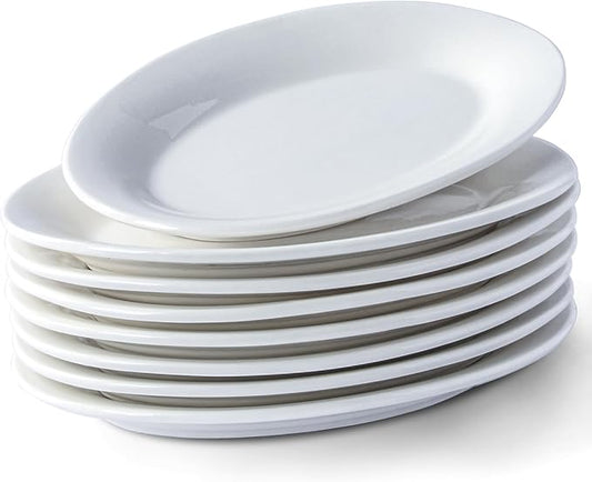 8 Inch Ceramic Appetizer Plates Oval, Porcelain Dessert Plates, Small Salad Plates Set, Small White Serving Plates for Salad, Appetizer, Snack, Sushi, Microwave, Dishwasher Safe, Set of 8