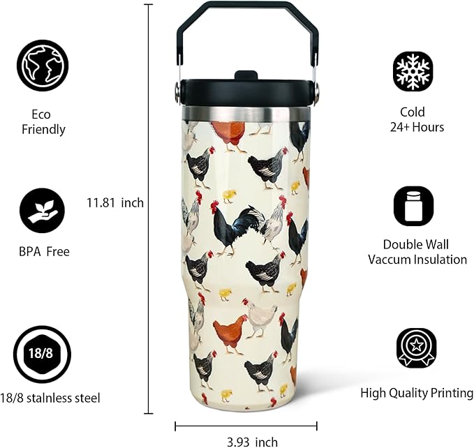 30oz Chicken Tumbler with Handle and Straw, Stainless Steel Vacuum Insulated Flip Straw 30 oz Coffee Rooster Tumbler, Spill Proof Travel Mug, Chicken Decor Gifts for Women