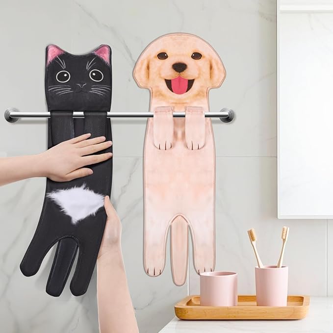 Funny Cat Hand Towels, 3 Pcs Cute Dog Hand Towels Decorative Washcloths Super Absorbent Soft Hanging Face Towels Housewarming Gift for Bathroom Kitchen