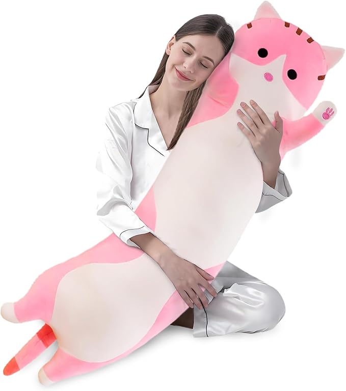 shangman Lovely Plush Cat Doll Cute Cartoon Soft Stuffed Kitten Pillow Long Throw Sleeping Pillow Doll Toy Gift for Kids Girlfriend Multiple Size (Pink,130cm/51.1in)