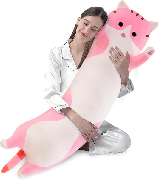 shangman Lovely Plush Cat Doll Cute Cartoon Soft Stuffed Kitten Pillow Long Throw Sleeping Pillow Doll Toy Gift for Kids Girlfriend Multiple Size (Pink,130cm/51.1in)