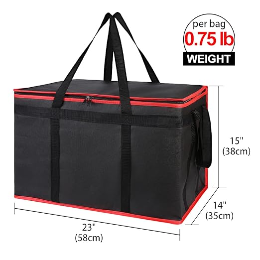Bodaon 2-Pack Insulated Food Delivery Bag for Hot and Cold Meal, XXX-Large Shopping Cooler Bags, Grocery Tote Insulation Bag for Catering, Pizza Warmer, Black with Red Edge