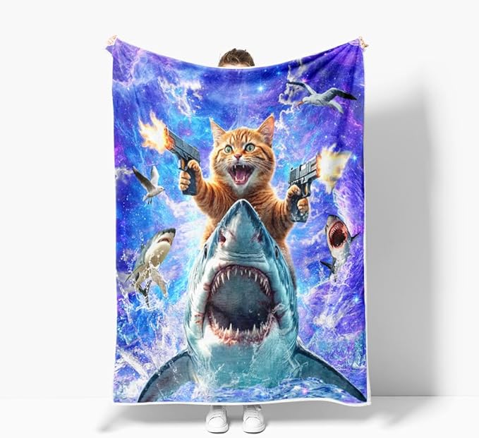 Funny Cat Blanket for Teens, Cool Cat Riding Shark Design Cute Cat Lover Throw Blankets for Girls Boys Adult Women Men Plush Cozy Flannel Fleece Ultra Soft Fuzzy Nebula Galaxy Kitten Party Blanket