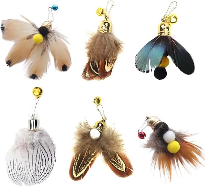 Cat Insect Feather Toys Replacement Cat Toy Wand Refills, 6 Pieces Natural Insect Cat Toy Feathers Refill, Interactive Cat Teaser Wand Attachments, with Bell