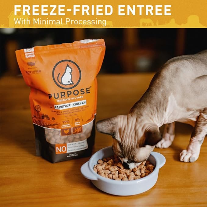 PURPOSE Freeze Dried Raw Cat Food, Grain Free Dry Cat Food, Complete Balanced Meal or Topper, Protein Rich Cat Food for All Breeds and Life Stages, Pure Duck Recipe Mini Nibs Entrée, 9 oz, USA Made