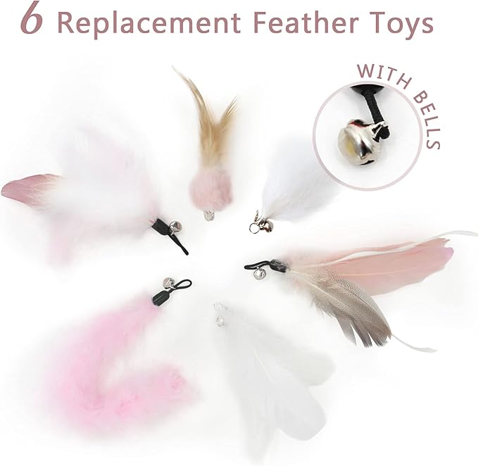 SONGWAY Interactive Cat Feather Toys - 7 Pcs Cat Toy Set, Retractable Cat Wand Toy, Teaser Refills Worm Bird Feathers with Bell, Cat Teaser Toys for Indoor Cats Kitten Play Chase Exercise, Light Pink