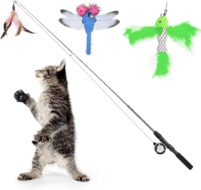 Pawaboo Cat Feather Toys, 4 Pack Interactive Cat feather Teaser Wand Toys, Retractable Fishing Pole Wand Catcher Exerciser with Refill Fish, Dragonfly Worm with Bells, Fun Cat Kitten Kitty Playing Toy