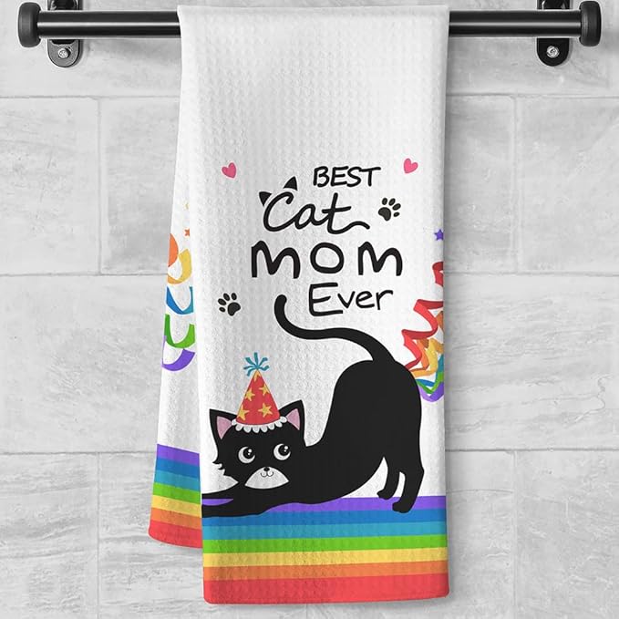 Birthday Gift for Cat Moms-Cute Kitchen Towel with Party Hat Kitty & Confetti Design,Quick-Drying Decorative Hand Towel for Kitchen & Bathroom Decor,Funny Feline Lover Accessories for Crazy Cat Ladies