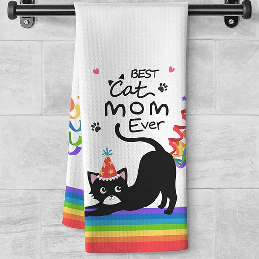 Birthday Gift for Cat Moms-Cute Kitchen Towel with Party Hat Kitty & Confetti Design,Quick-Drying Decorative Hand Towel for Kitchen & Bathroom Decor,Funny Feline Lover Accessories for Crazy Cat Ladies