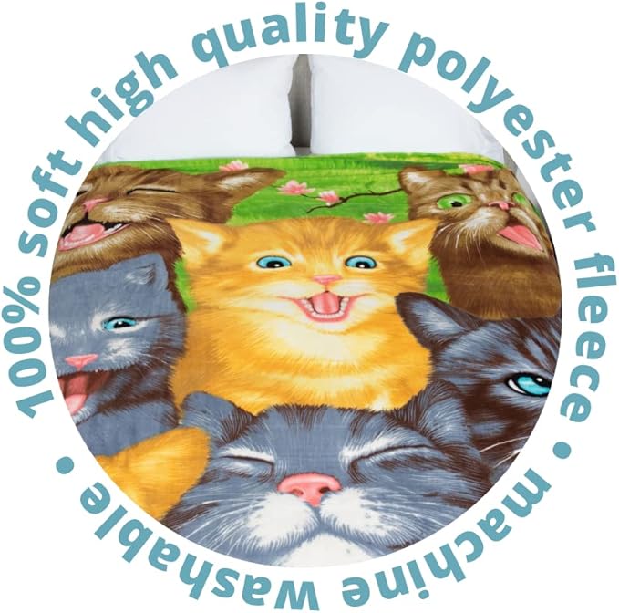 Dawhud Direct Cartoon Selfie Cat Fleece Blanket for Bed, 75" x 90" Queen Size Kitten Fleece Throw Blanket for Women, Men and Kids - Super Soft Plush Cat Blanket Throw
