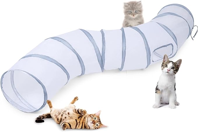 Sheldamy Cat Tunnel, S-2-Way Cat Tunnels for Indoor Cats, Collapsible Cat Play Tunnel, Interactive Toy Maze Cat House with 1 Play Ball for Cats, Puppy, Kitty, Kitten, Rabbit (White & Gray)