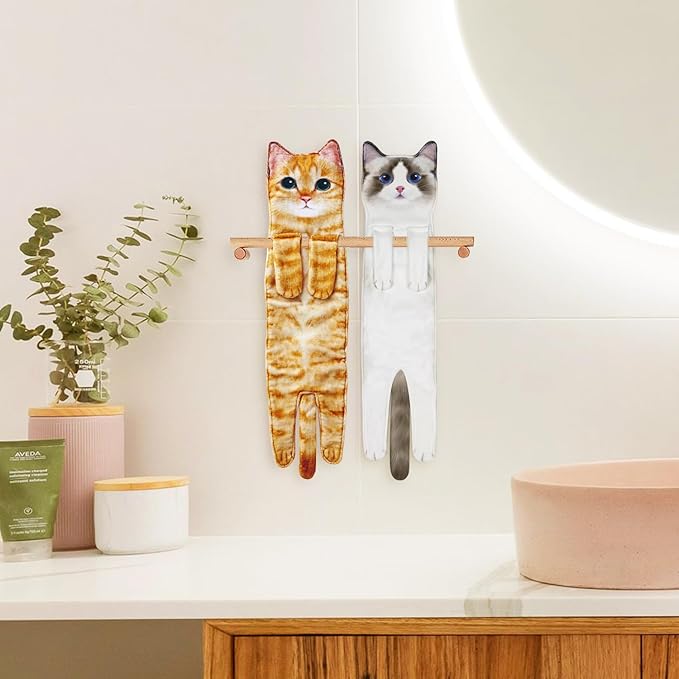 Cat Hand Towels for Kitchen and Bathroom - Cute Decor Gadgets - Hanging Soft Absorbent Face Towel - Funny Birthday, Mother's Day, Housewarming Holiday Unique Gifts for Women, Mom, Lady, Cat Lovers