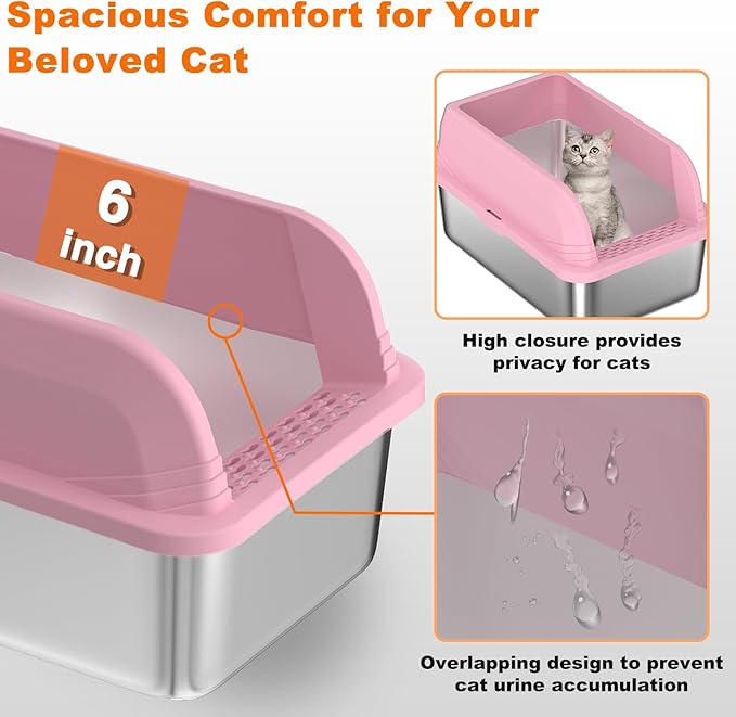 2 PCs Stainless Steel Cat Litter Box with Lid, Extra Large High Side Litter Box, Enclosed Litter Box for Small Cats, Non-Leaking, Easy to Clean, Anti-Leakage(Pink)