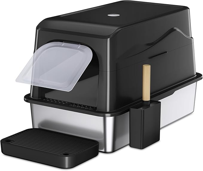 Barhon Stainless Steel Litter Box with Lid, Covered Cat Litter Box for Big Cat, Extra Large Enclosed Metal Litter Box with High Sides, Removable Lid, Non-Sticky, Easy to Clean (Black)