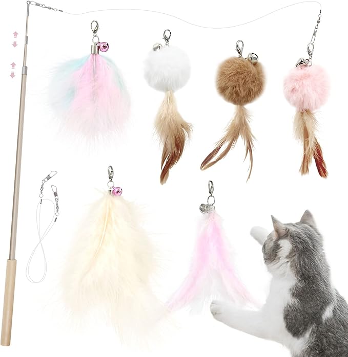 SONGWAY Cat Interactive Feather Toys - 7 PCS Cat Toys Set for Indoor Cats, Retractable Cat Wand Toy, Cat Feather Toys with Bell,Replaceable Cat Feather Tail Toy, Kitten Toy Gift, Pink