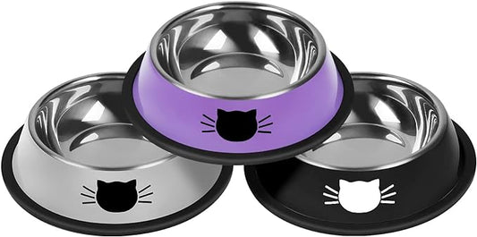 3Pcs Cat Bowls Non-Slip Stainless Steel Small Cat Food Bowl Unbreakable Thick Rubber Base Easily Clean Lovely Color