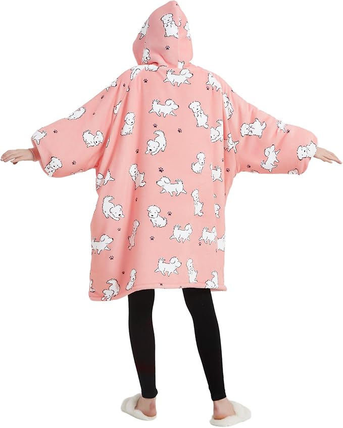 KFUBUO Wearable Blanket Hoodie for Adult Sherpa Dog Patterns Oversized Hoodie Sweatshirt Blanket with Pockets Birthday Gifts for Women