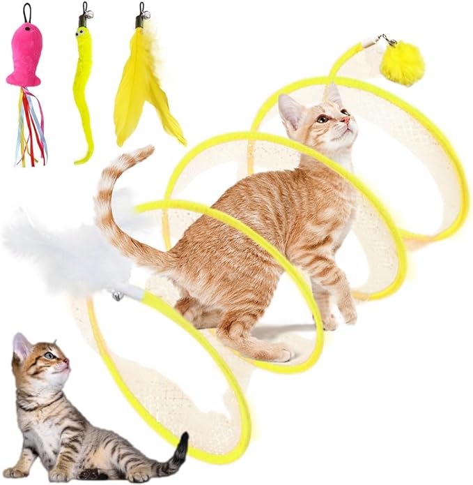 Cat Spiral Tunnel Toy Collapsible, Self Play Toy for Indoor Cats, S Type Tunnel with Feather Toys, Interactive Cat Springs Toys, Puppy, Kitty, Kitten, Rabbit (Yellow)