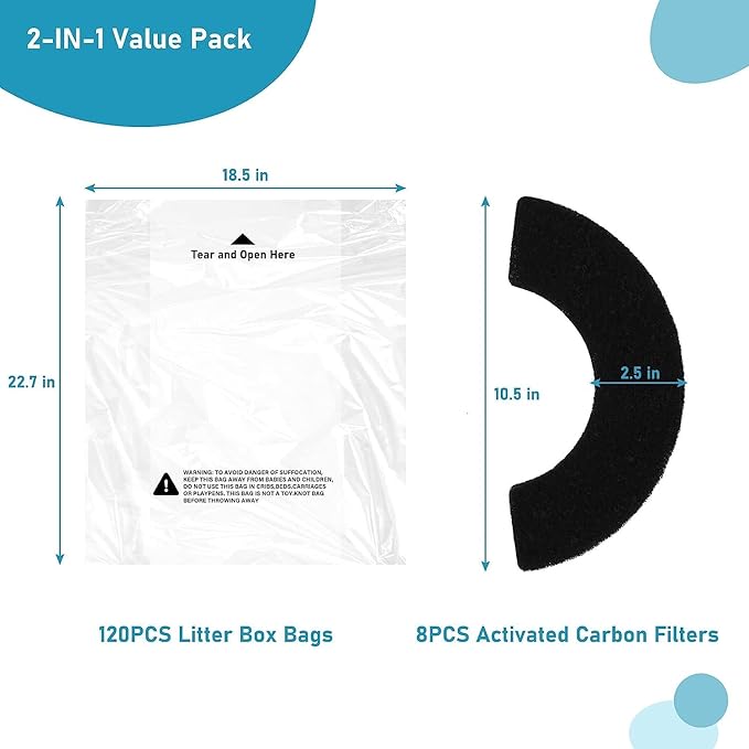 50 Pack Waste Drawer Liners Bags Compatible with Litter Robot 4, 9-11 Gallons Litter Box Liners Plus 6 Pack Activated Carbon Filter