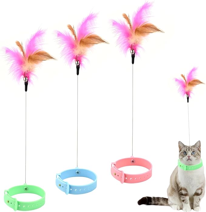 3PCS Cat Collar Teasing Wand, Cat Collar Toys, Silicone Adjustable Cat Feather Collar Toys with Bell Cat Interactive Teaser Toys for Indoor Cat Kittens Playing Exercise