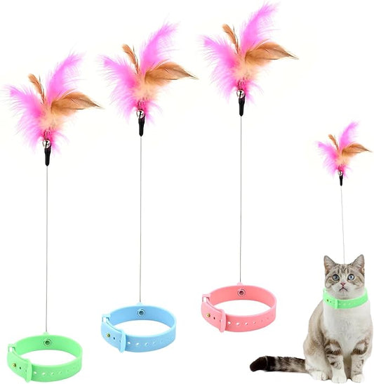 3PCS Cat Collar Teasing Wand, Cat Collar Toys, Silicone Adjustable Cat Feather Collar Toys with Bell Cat Interactive Teaser Toys for Indoor Cat Kittens Playing Exercise