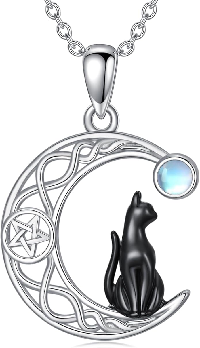 Black Cat/Dragon/Fox/Wolf Necklace 925 Sterling Silver Celtic Moon Pentagram Pendant Gothic Jewelry Goth Halloween Gifts for Women