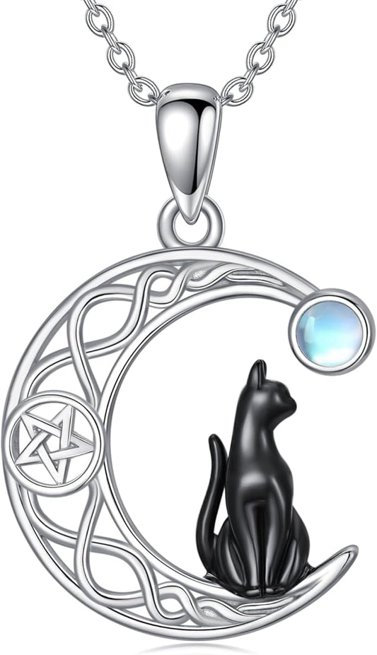 Black Cat/Dragon/Fox/Wolf Necklace 925 Sterling Silver Celtic Moon Pentagram Pendant Gothic Jewelry Goth Halloween Gifts for Women