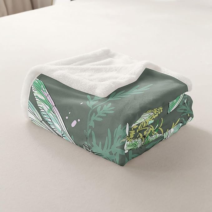 Feelyou Dragonfly Sherpa Blanket Throw 50x60 Inches Botanical Floral Fleece Throw Blanket for Kids Girls Teens Women Bedroom Decor Nature Animals Branches for Sofa Bed Couch Vintage Green