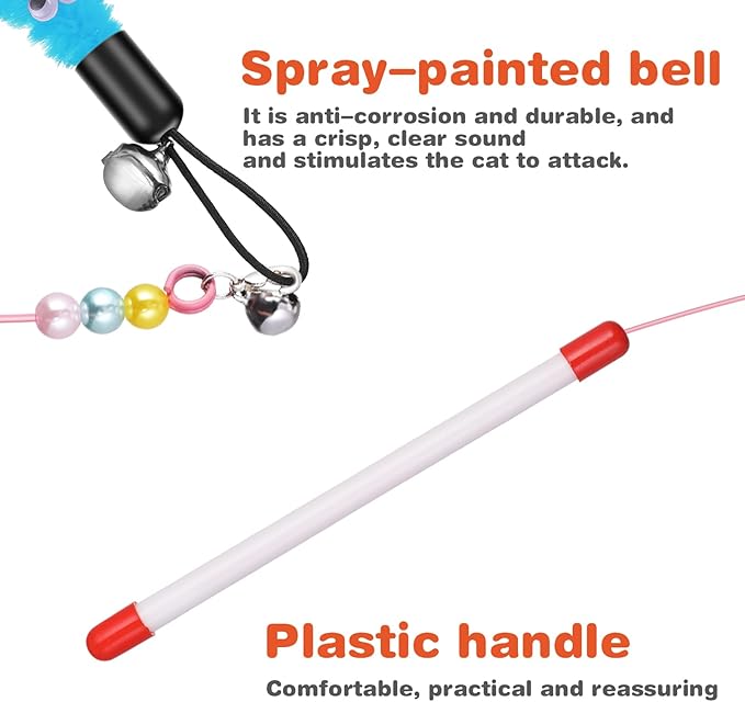 cobee Cat Toys Wand Replacement, 6pcs Furry Tail Worms with Bells + Cat Fishing Pole Toy, Cat Wand Toy Replacement Refills, Assorted Teaser Refills with Bell for Cat Kitten