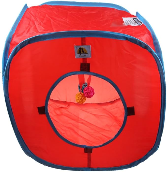 emours Cat Play Cube Collapsible Tunnel Cat House Toys,with 4 Balls, Red