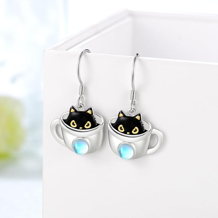 Black Cat Earrings 925 Sterling Silver Mushroom Cat/Black Cat/Panda/Sloth/Capybara/Boston Terrier/Shih Tzu Dangle Earrings Cute Animal Drop Earrings Jewelry Gifts for Women