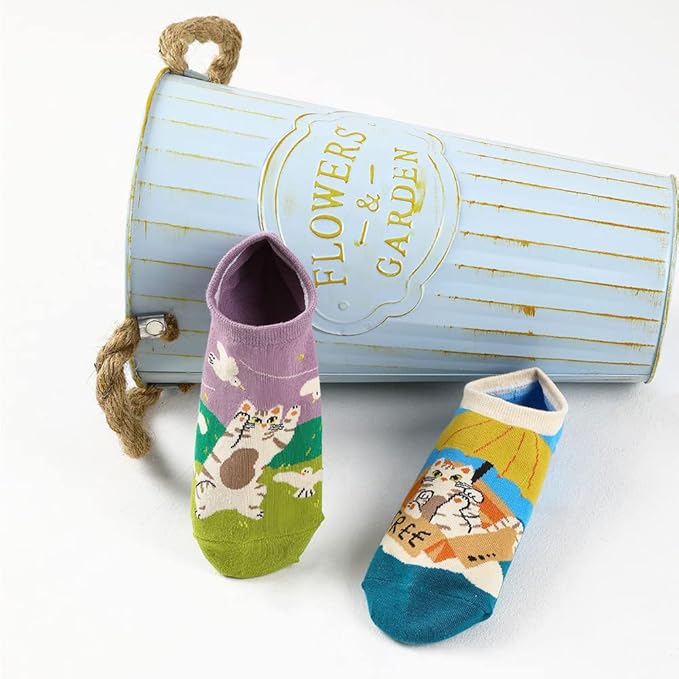 Angelteers 5 Pairs Cute Cartoon Animals Thin Cotton No Show Socks for Women Teen (US, Alpha, One Size, Regular, Regular, Cat)